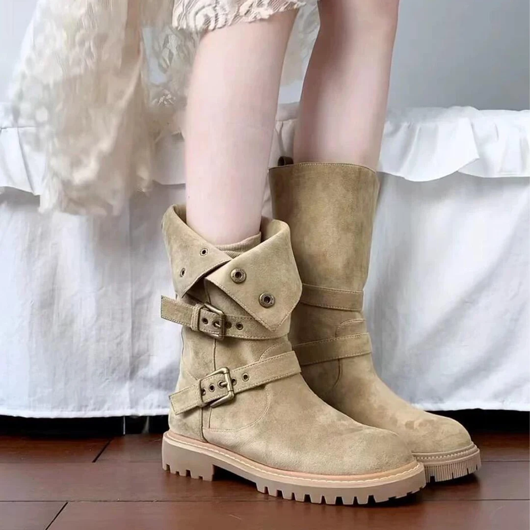 废土风女靴子秋冬季新款翻领两穿马丁靴美拉德西部中筒靴网红短靴