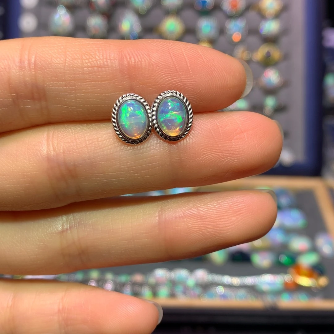 银S925镶嵌欧泊耳钉裸石镶嵌