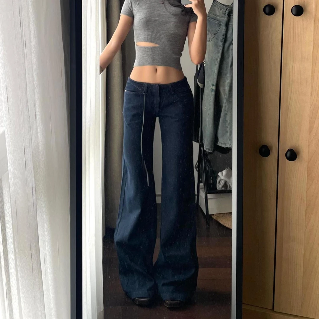 大码美式复古做旧水洗蓝牛仔裤女2025春街头低腰宽松显瘦直筒长裤