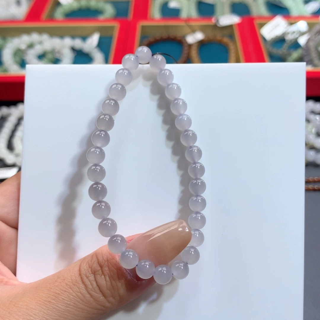 和田玉手串未镶嵌高冰闪猫浅紫