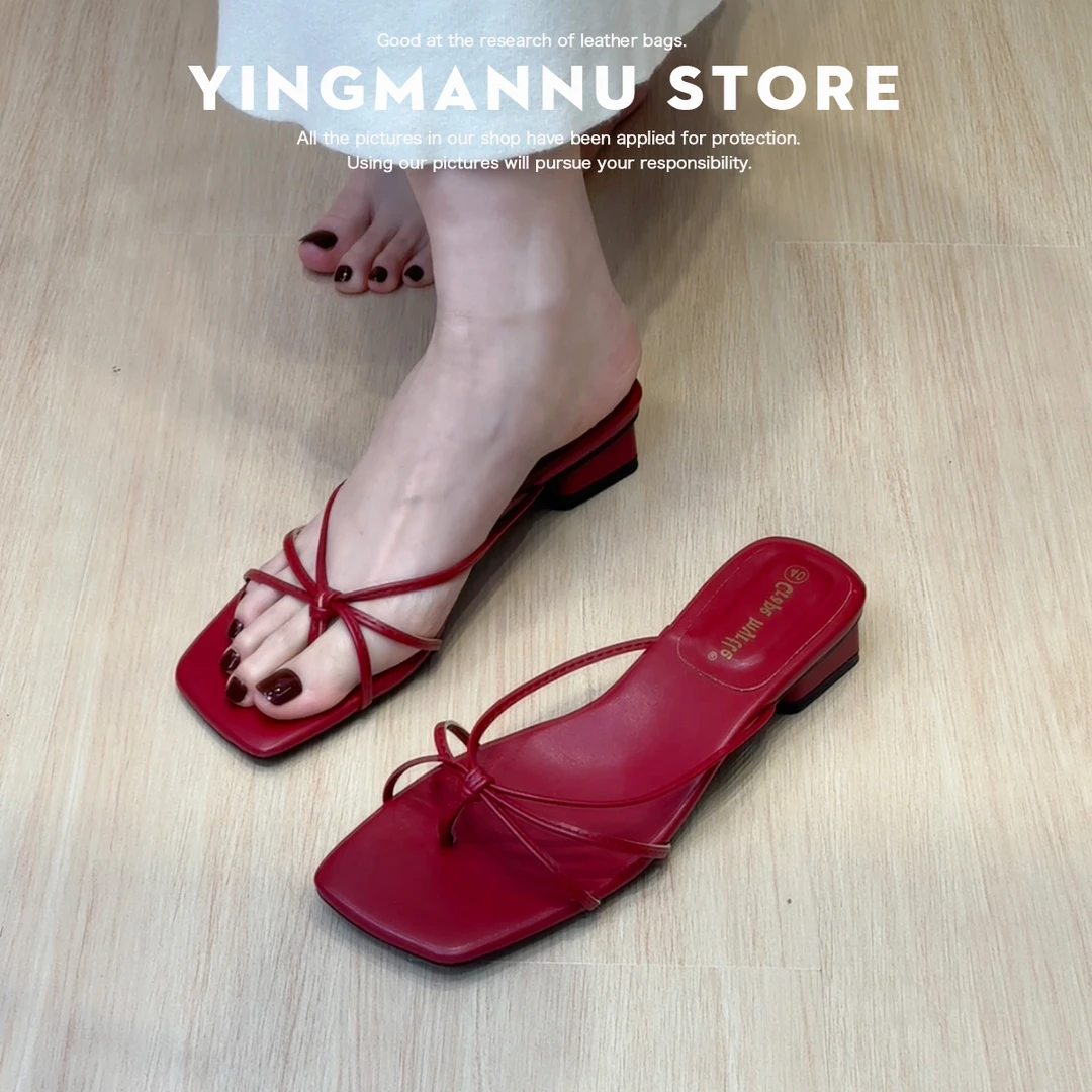 粗跟方头凉拖鞋女外穿2025年新款露趾高级感低跟仙女风沙滩凉鞋