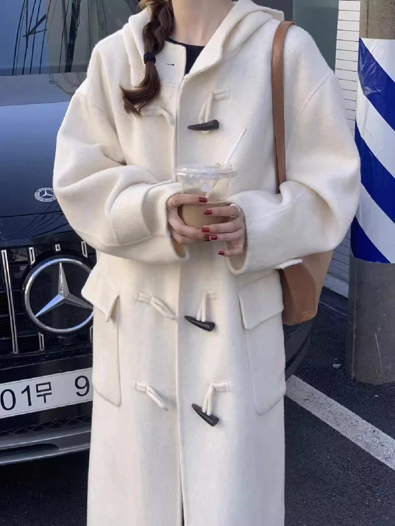 2307牛角扣双面羊绒大衣女学院风宽松连帽小个子羊毛呢外套