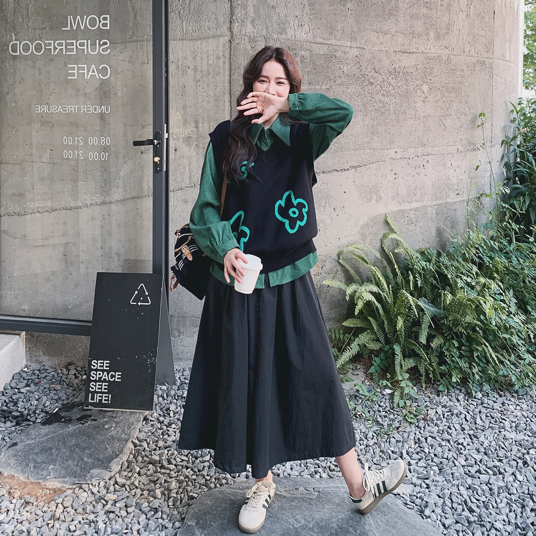 miu系学院风套装裙女早秋新款松弛感针织马甲衬衫半身裙三件套