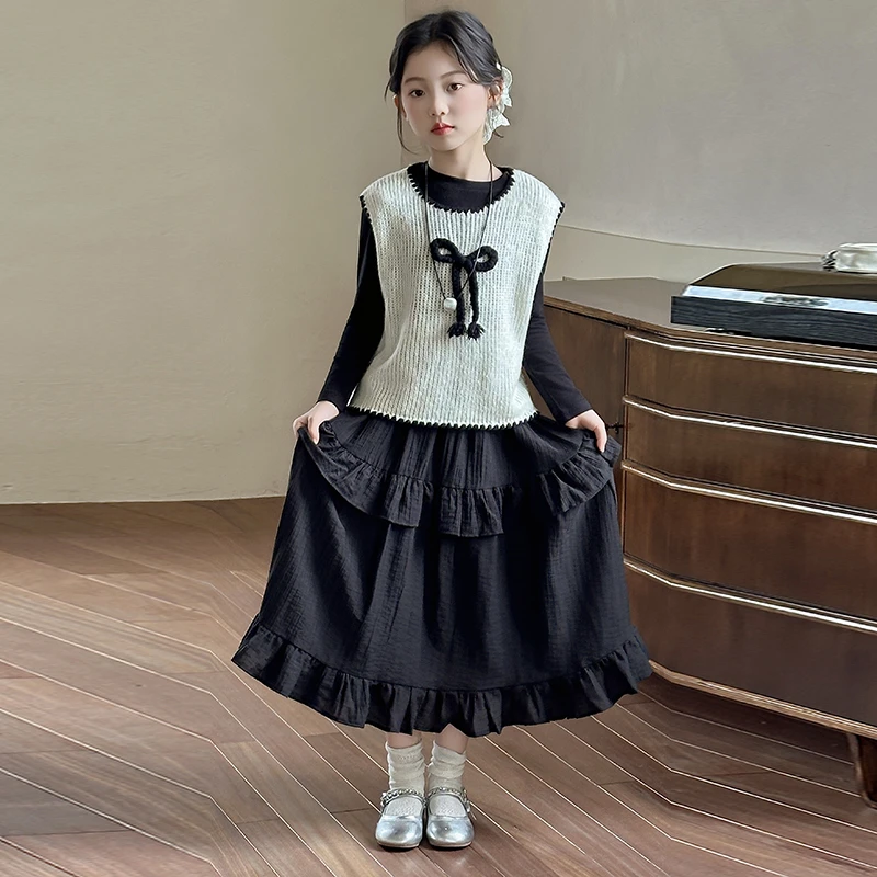 韩国女童套装2025春秋新款儿童洋气毛线背心打底衫半身裙三件套潮