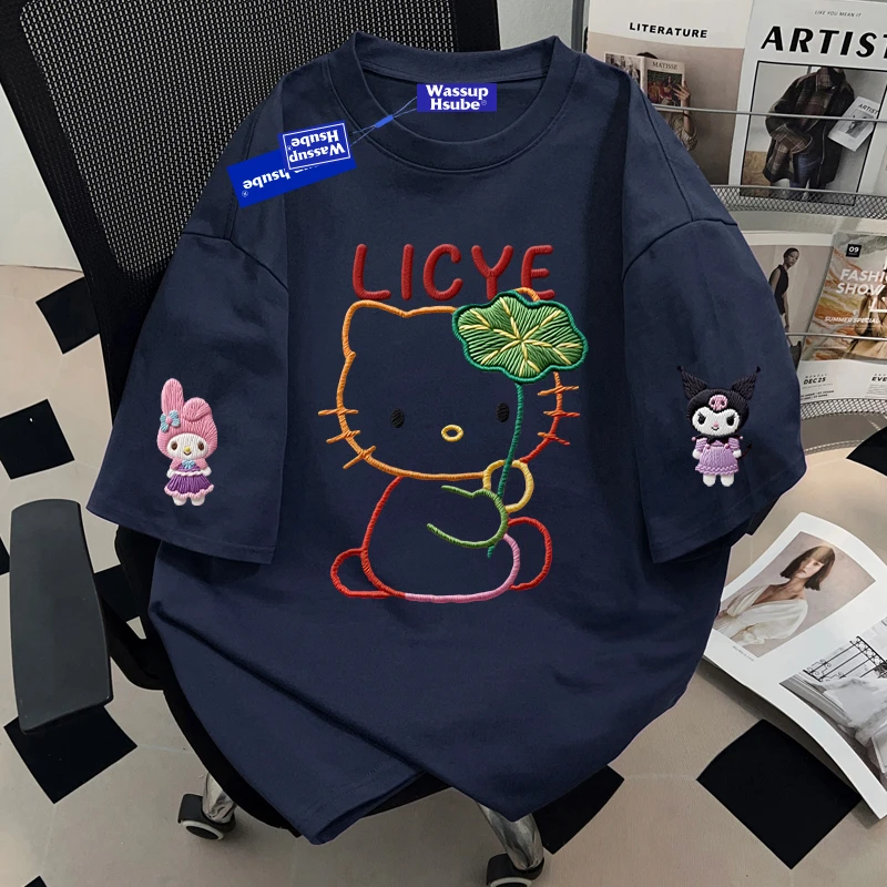 WASSUP HSUBE藏青色HelloKitty圆领短袖T恤夏季男女生ins上衣情侣