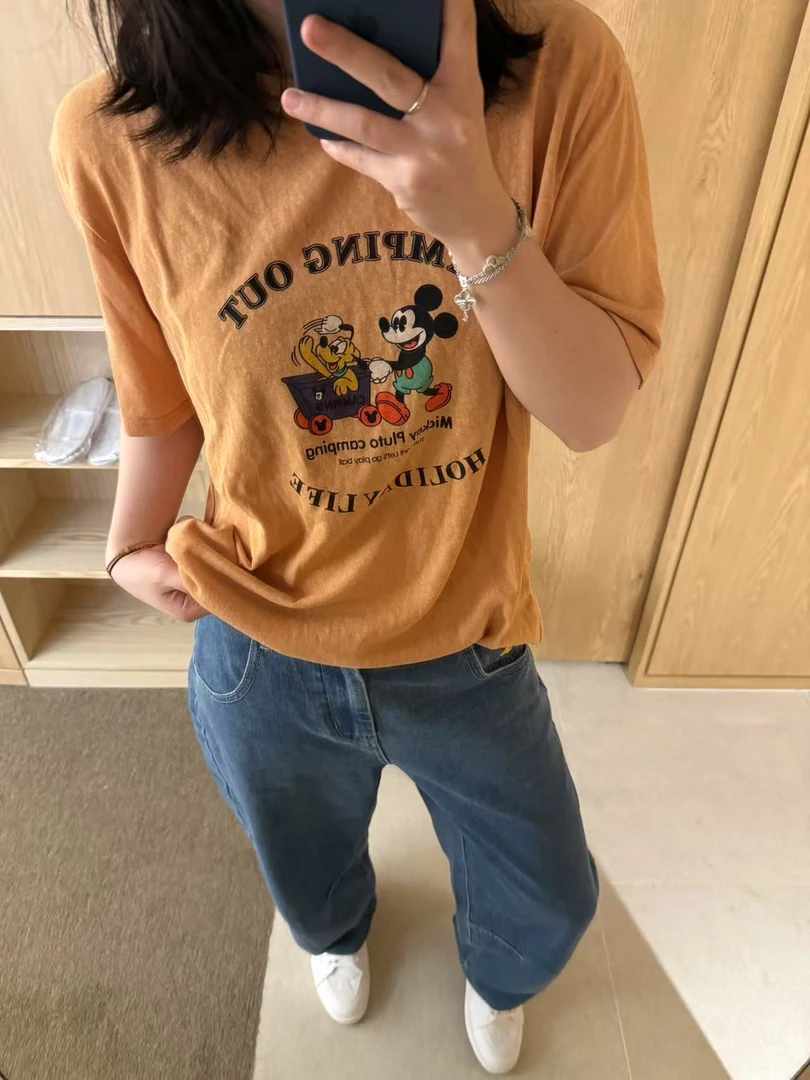 Sevbasks 七七家韩版   东大门新款橘色米奇高飞卡通涂鸦清凉半袖