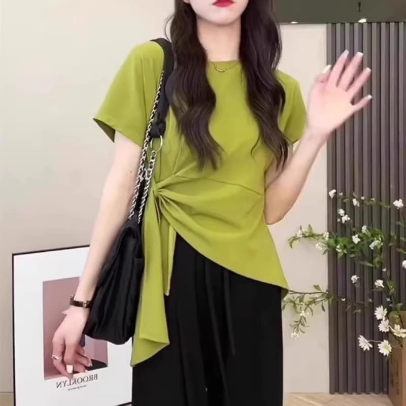 大码女装设计感不规则正肩短袖t恤2025夏季新款胖MM修身显瘦上衣