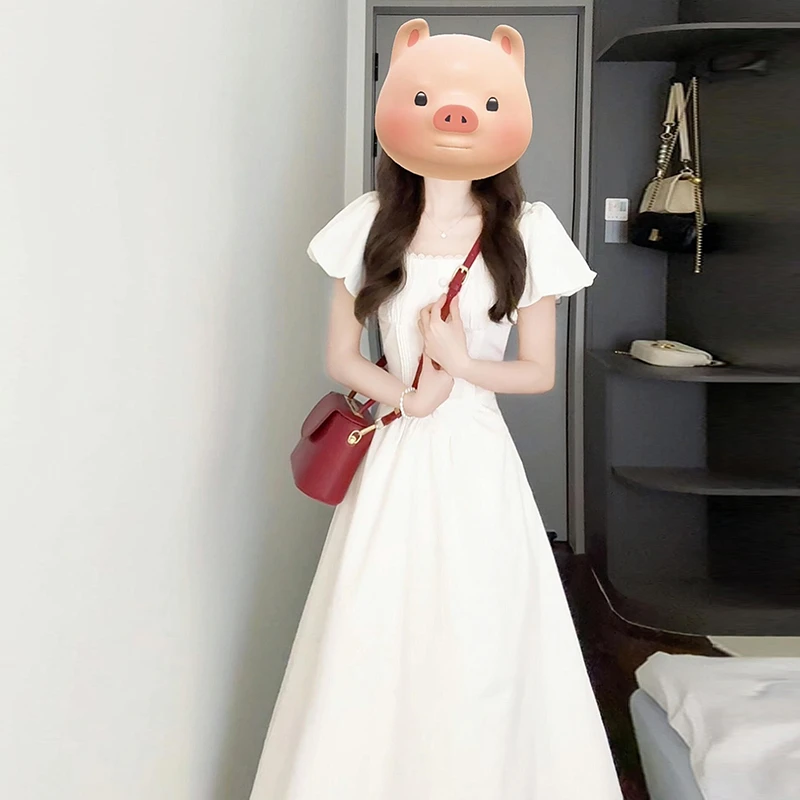 法式白色泡泡袖方领连衣裙子女夏季2025新款爆款漂亮绝美收腰长裙