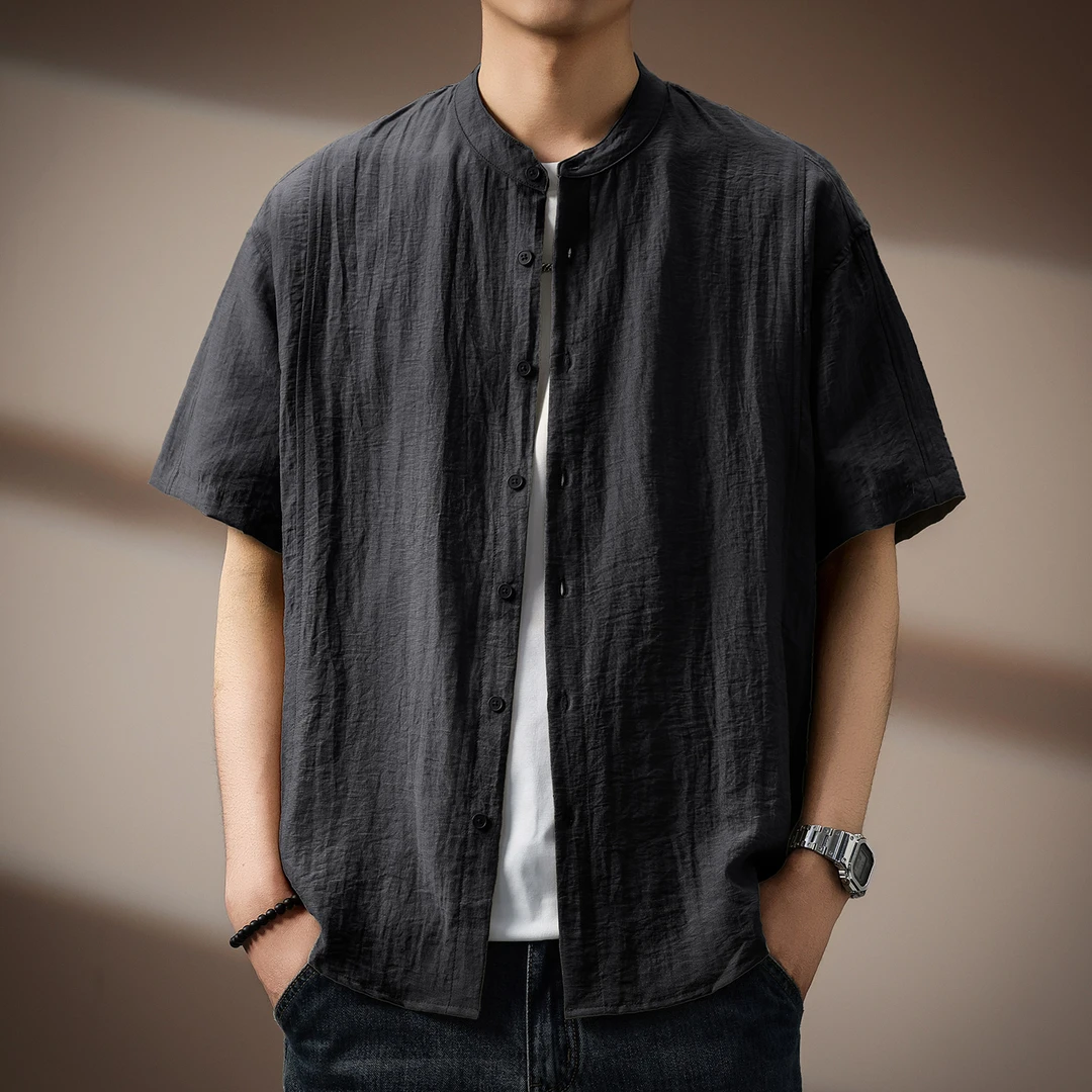 高端日系覆古亚麻砂洗皱感衬衫男夏季薄款肌理感宽松立领短袖上衣