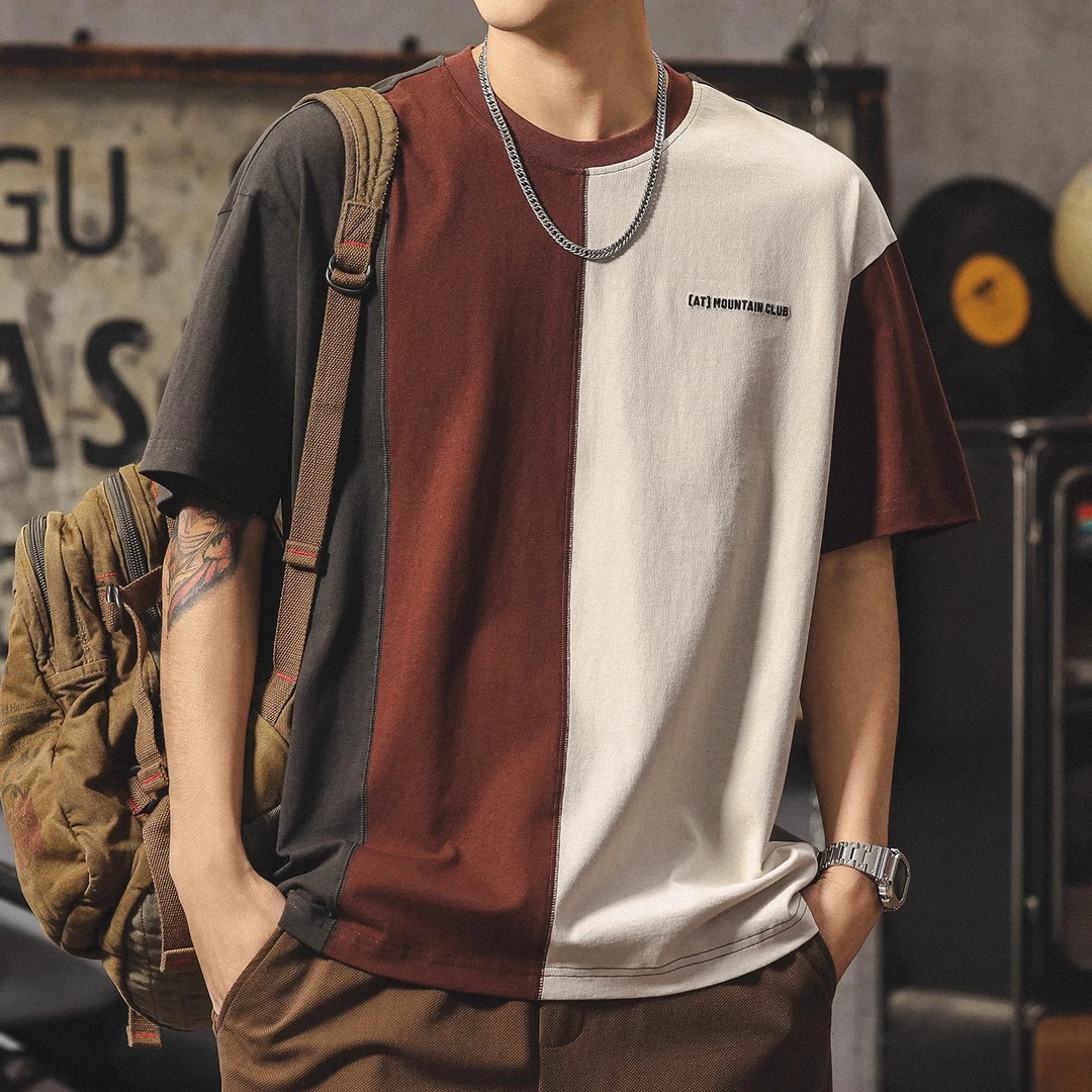 MR.MUDI/穆迪先生设计感重磅百搭短袖t恤男款美式高级感拼接撞色