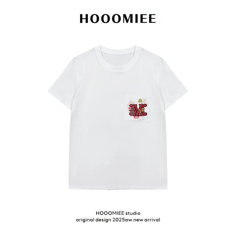 Hooomiee纯棉时尚休闲潮流印记圆领女士T恤字母短袖2025029