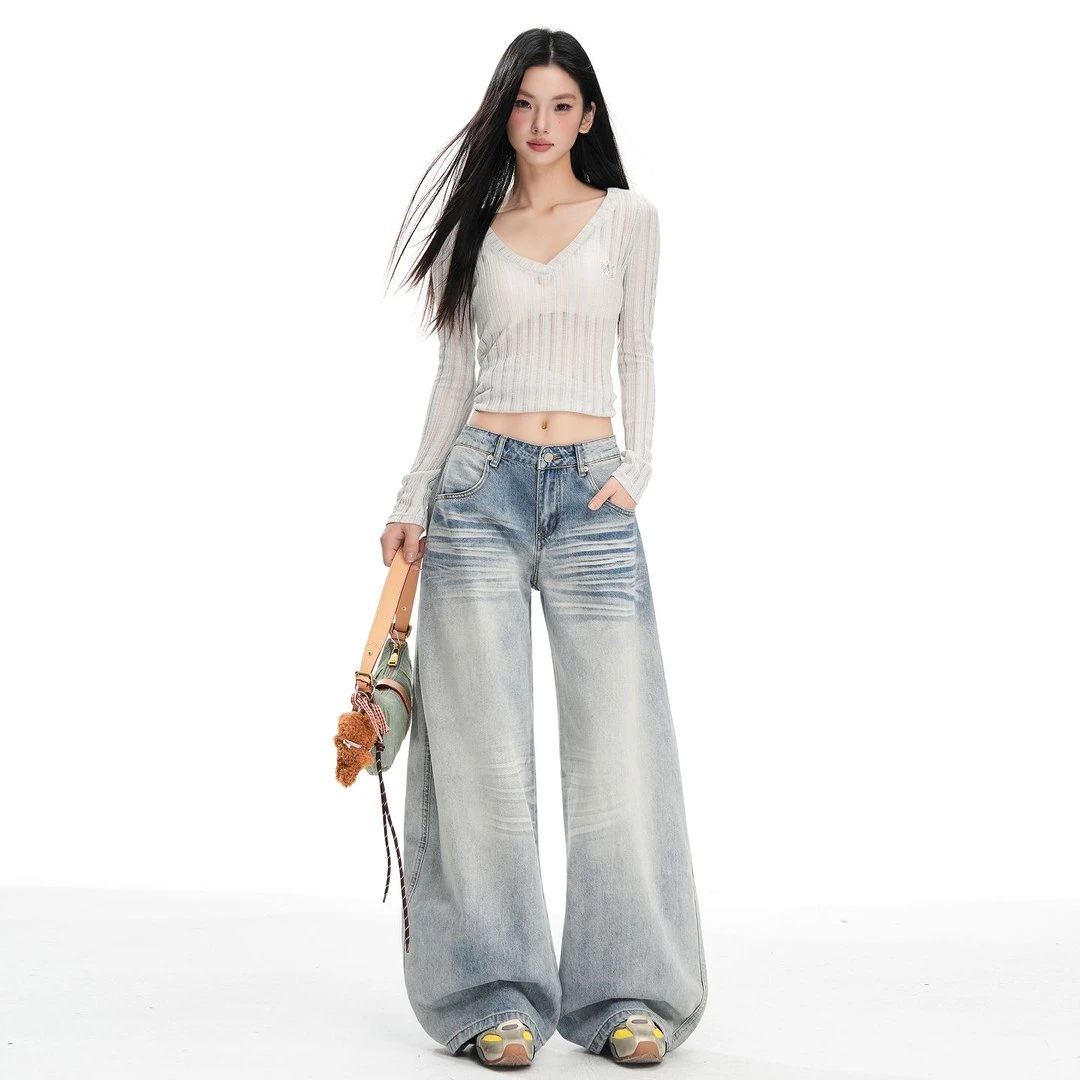 美式复古刺绣牛仔裤女夏季高腰宽松显瘦阔腿时尚拖地裤K00094