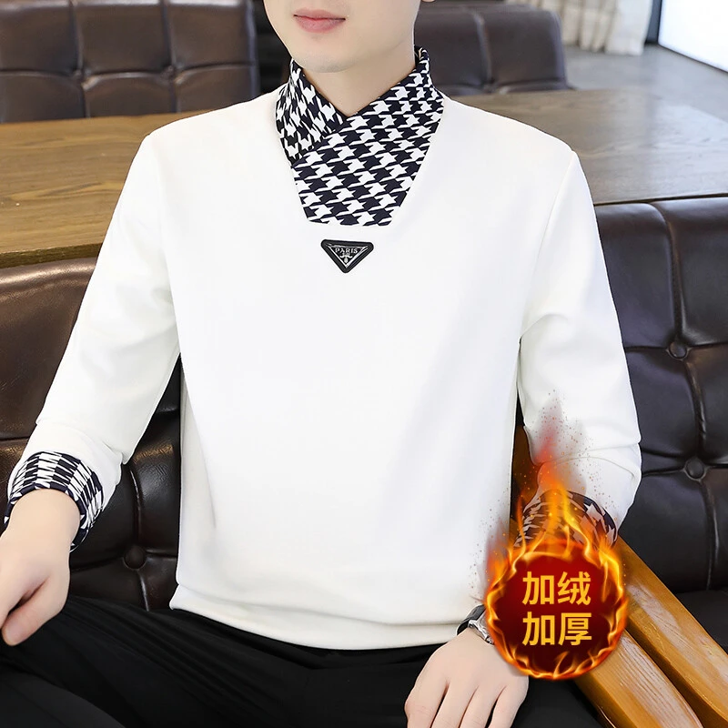 千鸟格加绒加厚卫衣男士潮流V领一体绒男士卫衣冬季新款鸡心领男