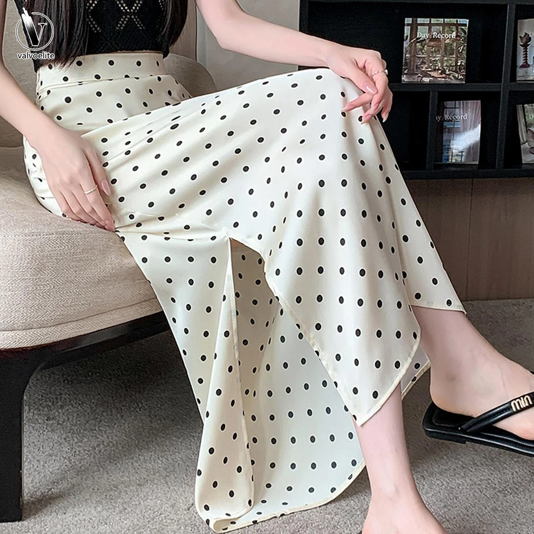 VALVOELITE波点半身裙女夏高腰显瘦休闲百搭开叉垂坠感包臀长裙子