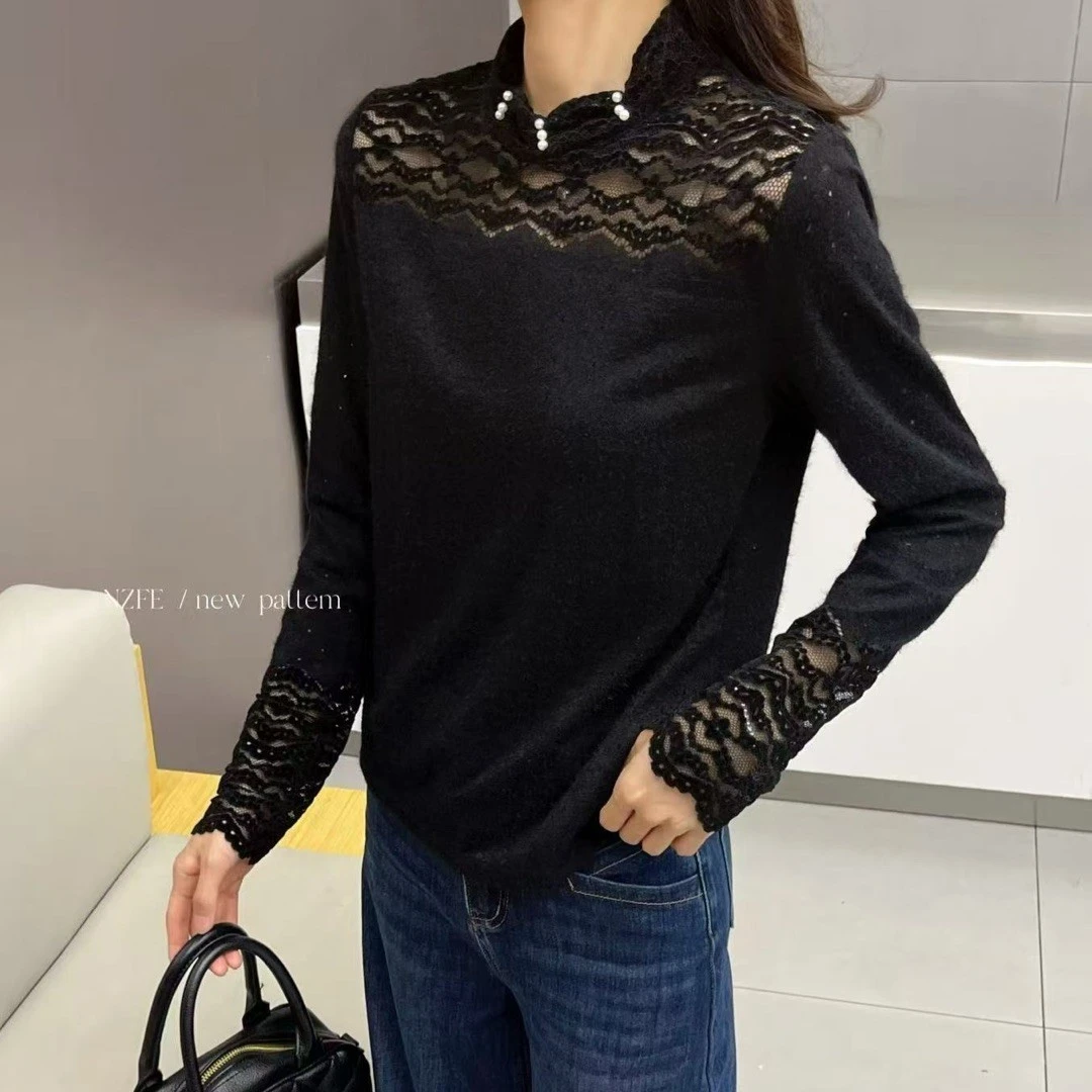 秋冬新款半高领镂空蕾丝精品上衣适合内外搭叠穿