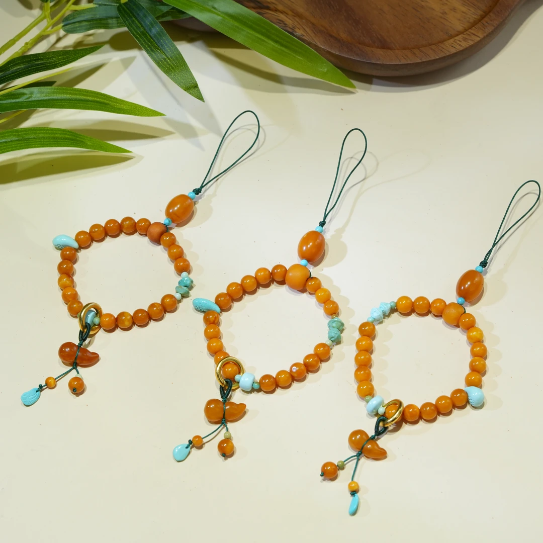 【虫二原创】 6mm+蜜蜡老圆珠设计款手机链手捻提溜DIY款多样性发一