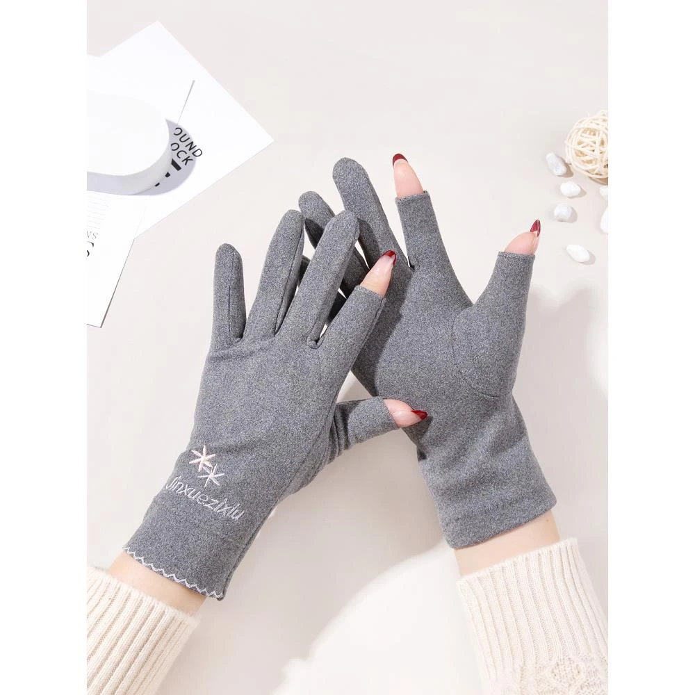 女士手套春秋季漏二指冬天薄款骑车弹性单层德绒保暖韩版漏指短款