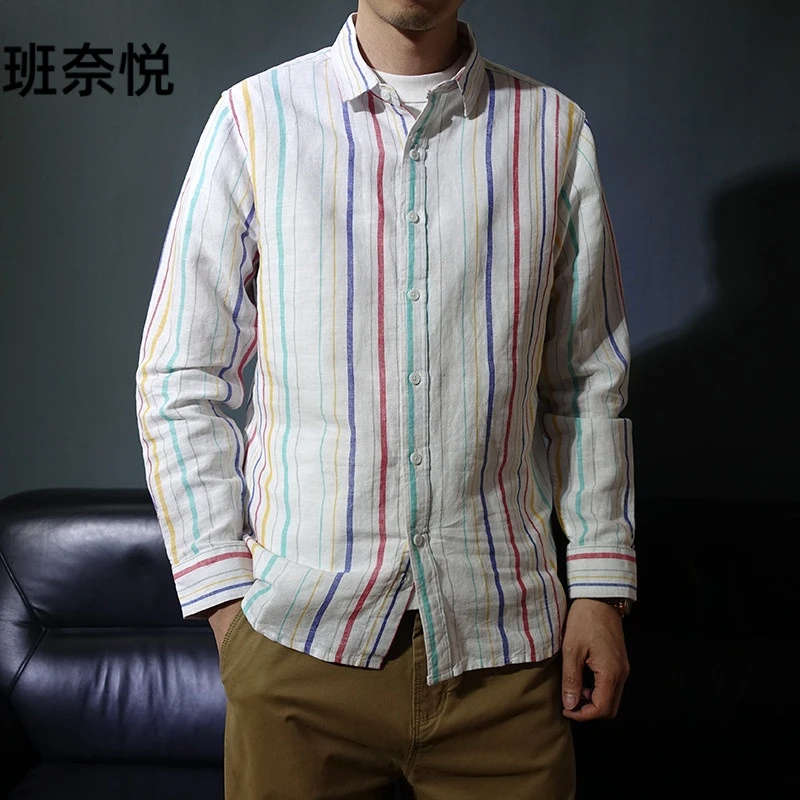 透气条纹衬衫男2025秋季新款大码亚麻衬衫男士上衣日系衬衣潮流