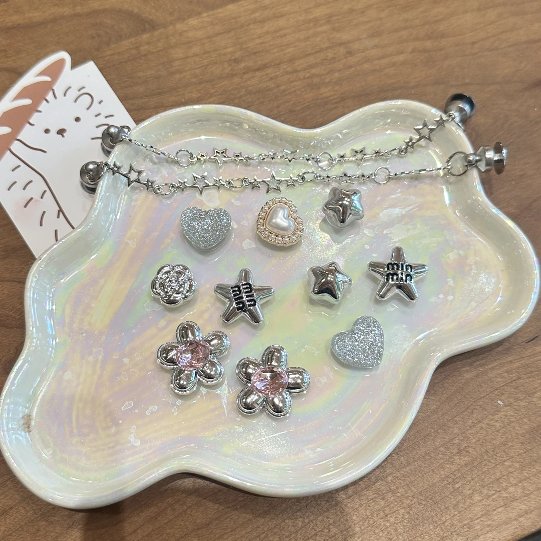 银色miu风花朵珍珠爱心玫瑰花朵星星链条洞洞鞋鞋花鞋扣高颜值