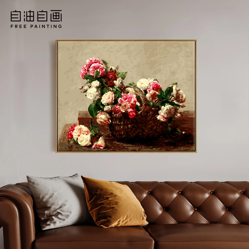 数字油画填色手工油画花卉名画爆款油画数字油彩画填色 玫瑰花篮