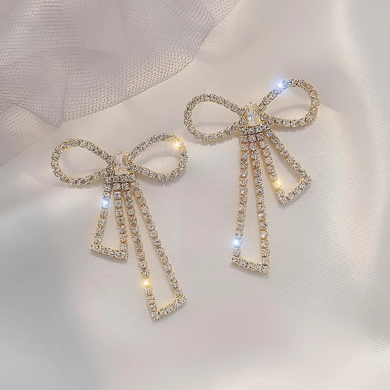 铜合金耳饰 时尚 轻奢气质小众简约百搭镶钻蝴蝶结设计感精致耳环