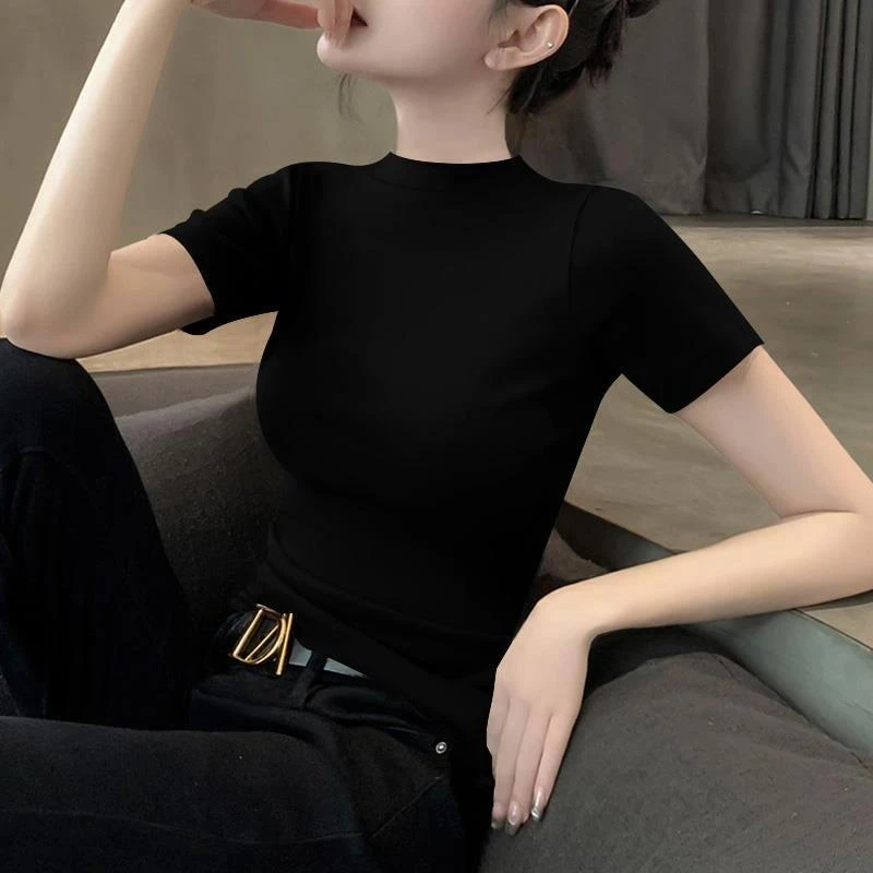 黑色圆领螺纹棉短袖T恤女2025新款夏季洋气百搭显瘦潮流外穿上衣