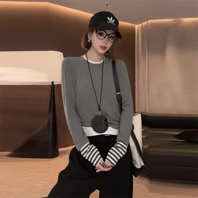 个性春季拼接时髦t恤2025年百搭休闲风圆领女装慵懒个性显瘦上衣