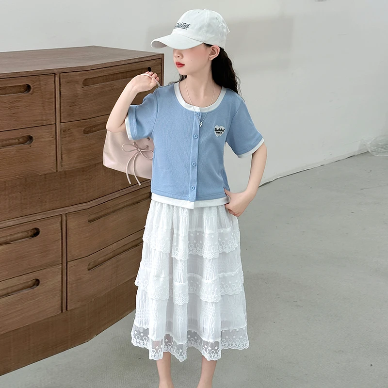 女童套装夏季2025新款洋气短袖假两件上衣中大童半身蛋糕裙夏装潮