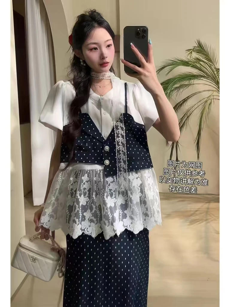 2025夏季新款大码女装套装韩系蕾丝拼接波点半高领假两件+半身裙