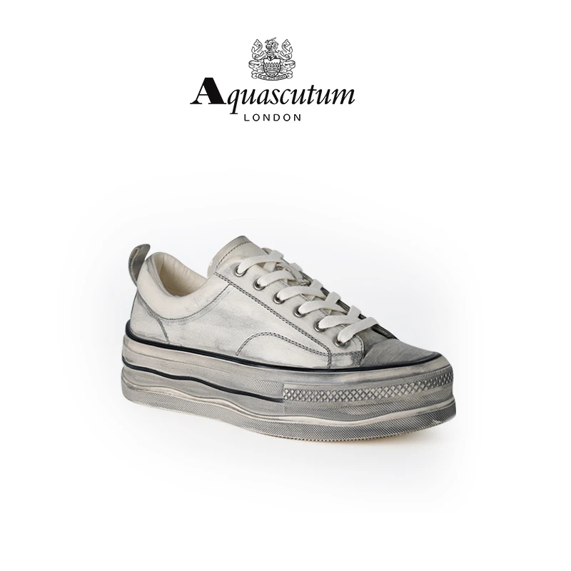 Aquascutum/雅格狮丹水洗牛皮百搭擦色低帮做旧真皮板鞋子手工鞋