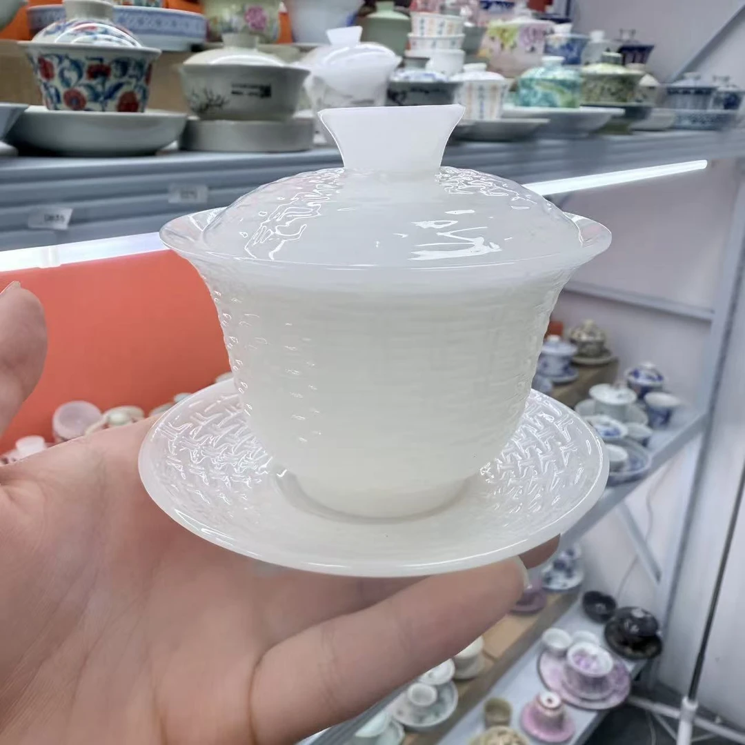 璞玉白瓷品茗盖碗功夫茶具家用办公盖碗泡茶茶器0974