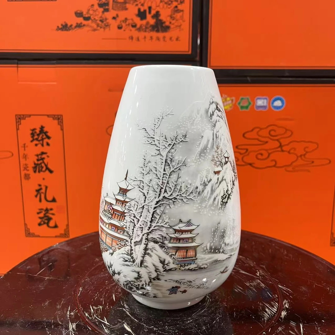 F36景德镇陶瓷粉彩雪景图花插摆件