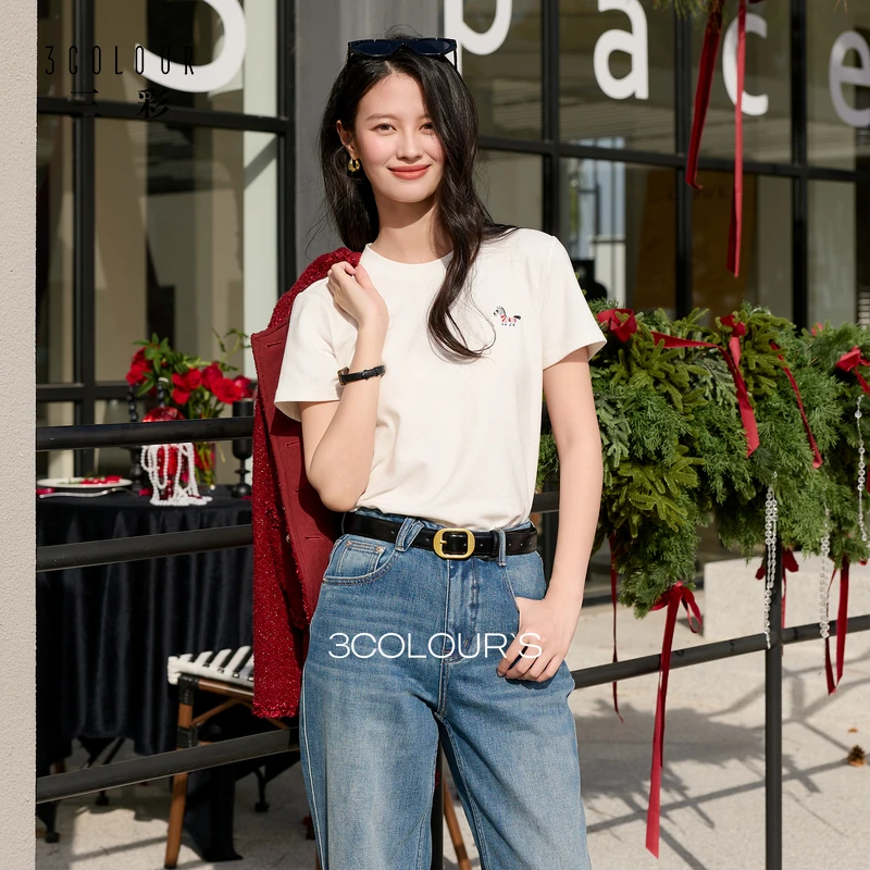 三彩2026春季新款小马刺绣基础磨毛小白T恤休闲正肩短袖上衣S
