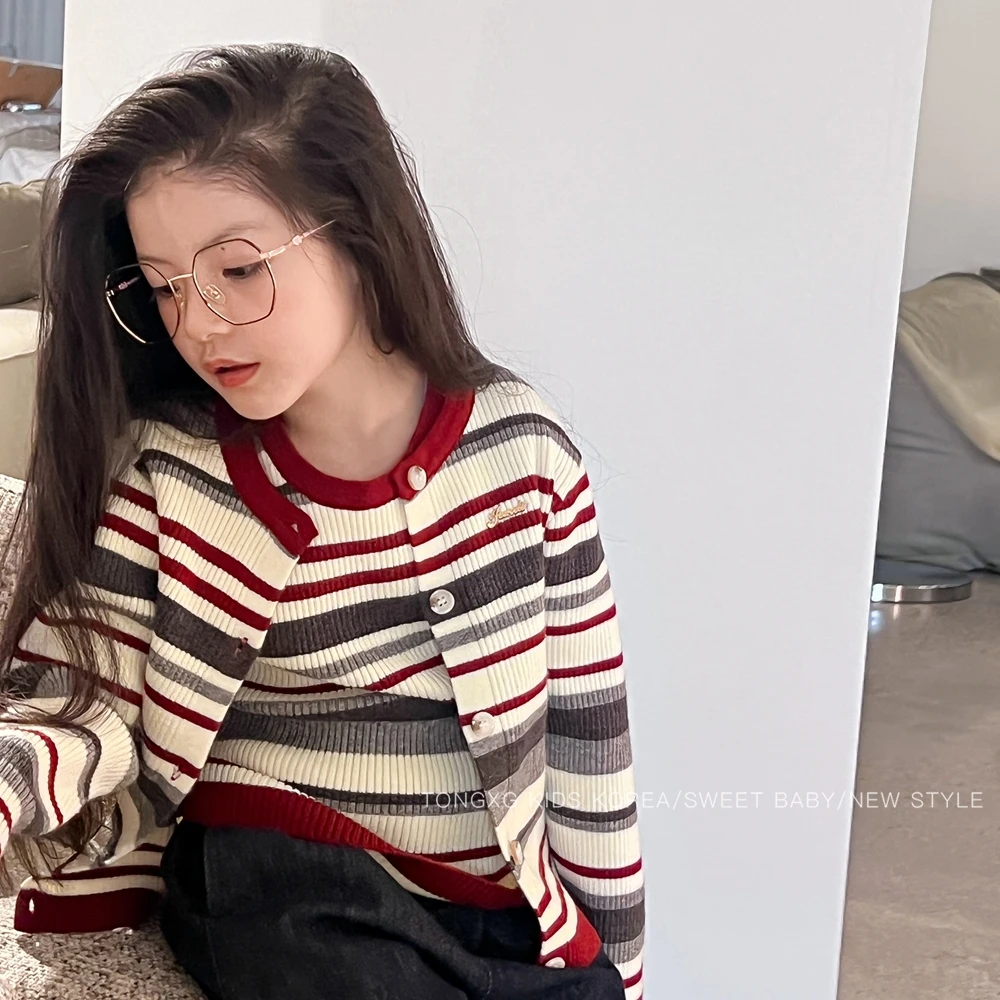 潼小乖定制25秋季女童韩中大童条纹针织开衫真两件毛衣外套5Q037