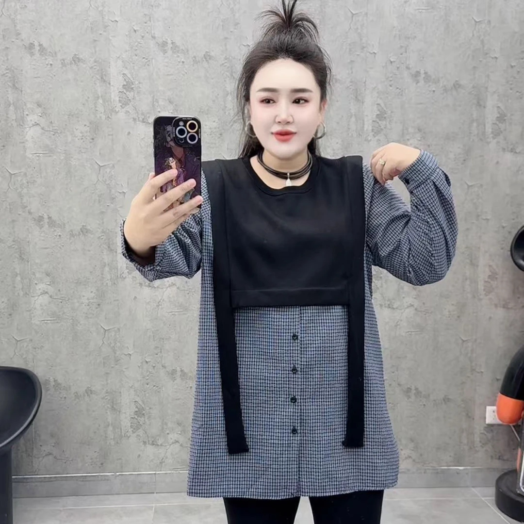 格子假两件拼接洋气长袖宽松衬衫
