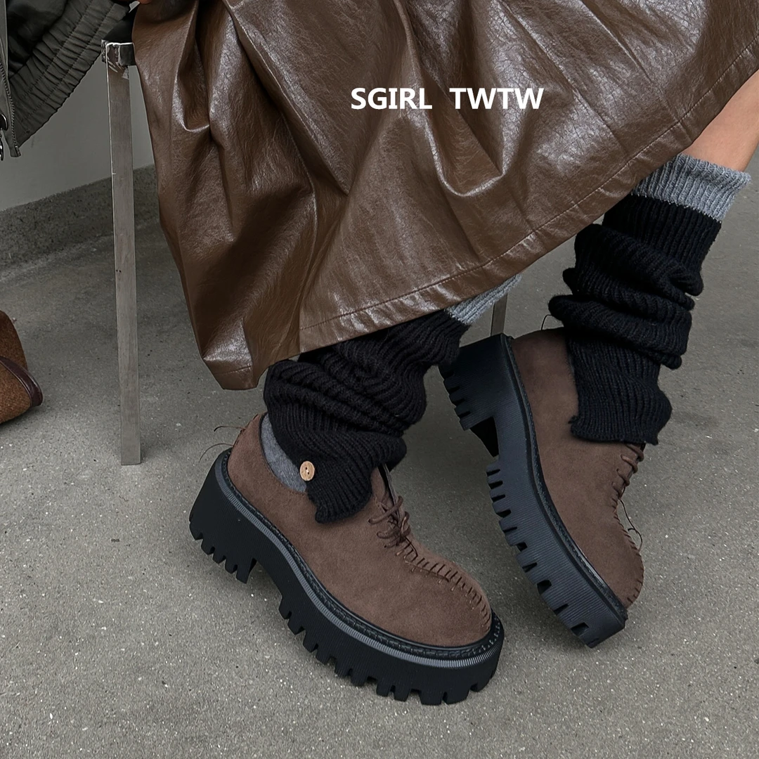 SGIRL TWTW2025年秋季新款真皮厚底显瘦百搭系带圆头松糕鞋单鞋女