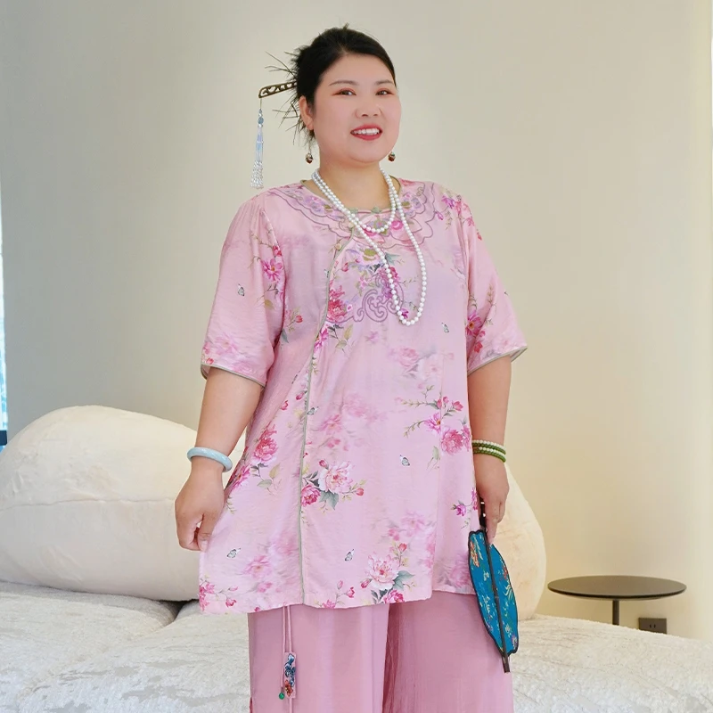 【桃花粉】加大码女装国风长款上衣220斤胖MM夏季穿搭宽松显瘦衣服
