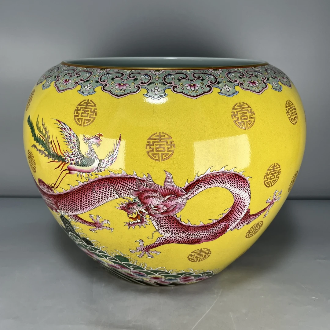 仿古瓷 仿古黄地粉彩福寿龙凤呈祥缸