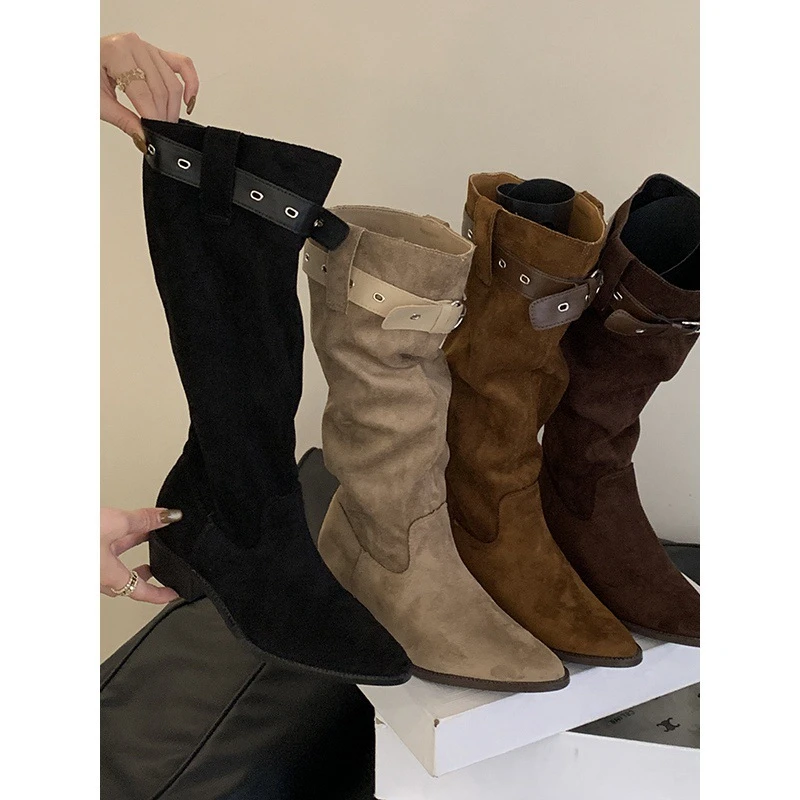 法式复古2穿堆堆靴女新款美拉德棕色旅游出片高筒靴粗跟瘦瘦靴子