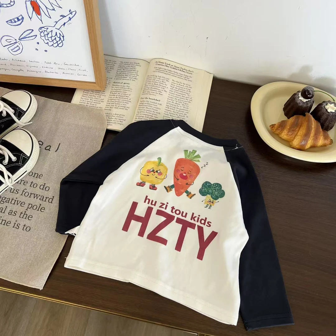 儿童春秋卡通印彩色字母果蔬拼色打底衫H2327