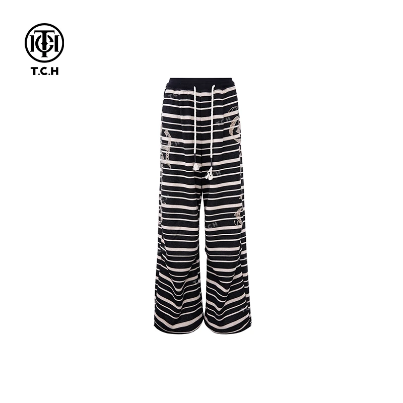 私服-TCH25年春款不加绒条纹字母烫钻宽松长裤T72C20E5141-