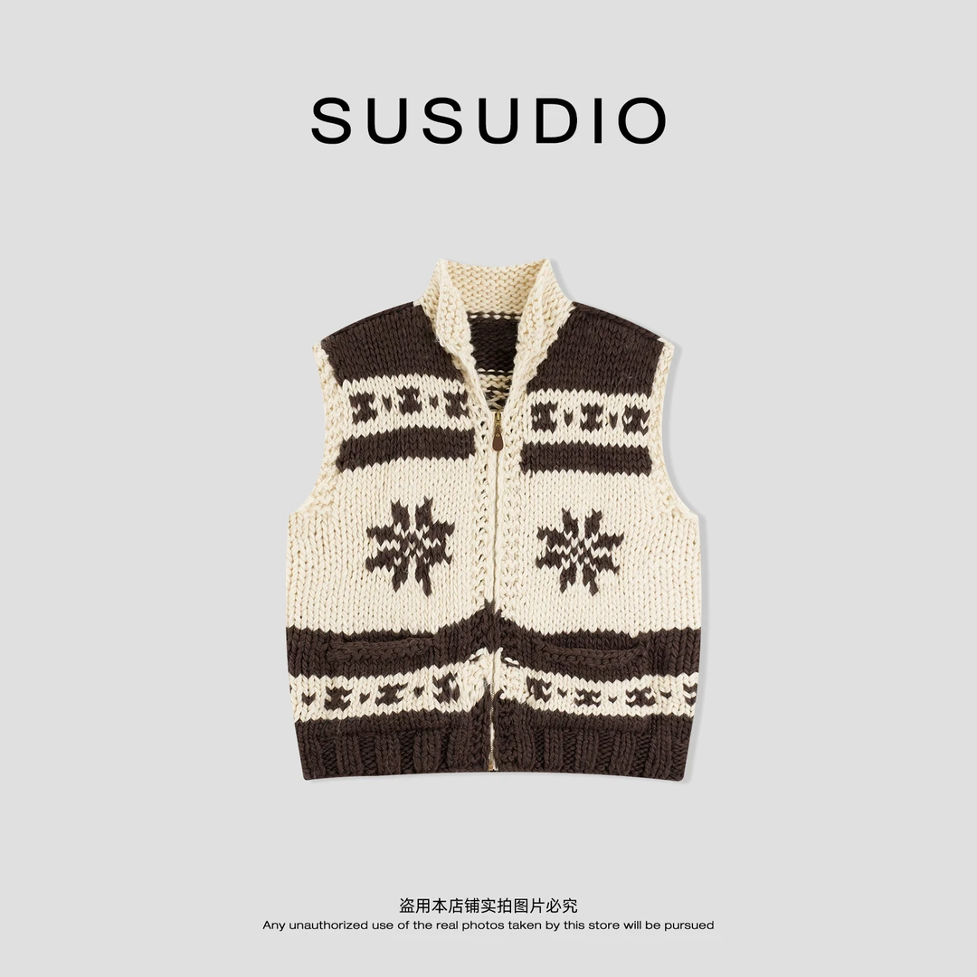 SUSUDIO 100羊毛 冬日复古氛围感手工钩花叠穿无袖马甲毛衣 50253