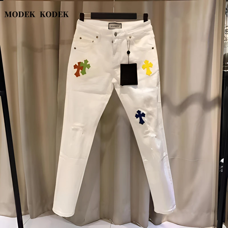 MODEK KODEK高级感潮牌男士刺绣休闲长裤夏季新款修身小脚牛仔裤