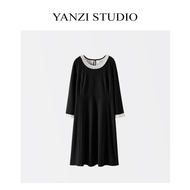 店店款~冬季加绒保暖蕾丝领口微弹遮肉显瘦大码连衣裙女YD0056