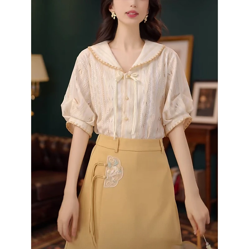 韩系甜美泡泡袖衬衫女2025新款设计感时尚减龄镂空海军领上衣8479