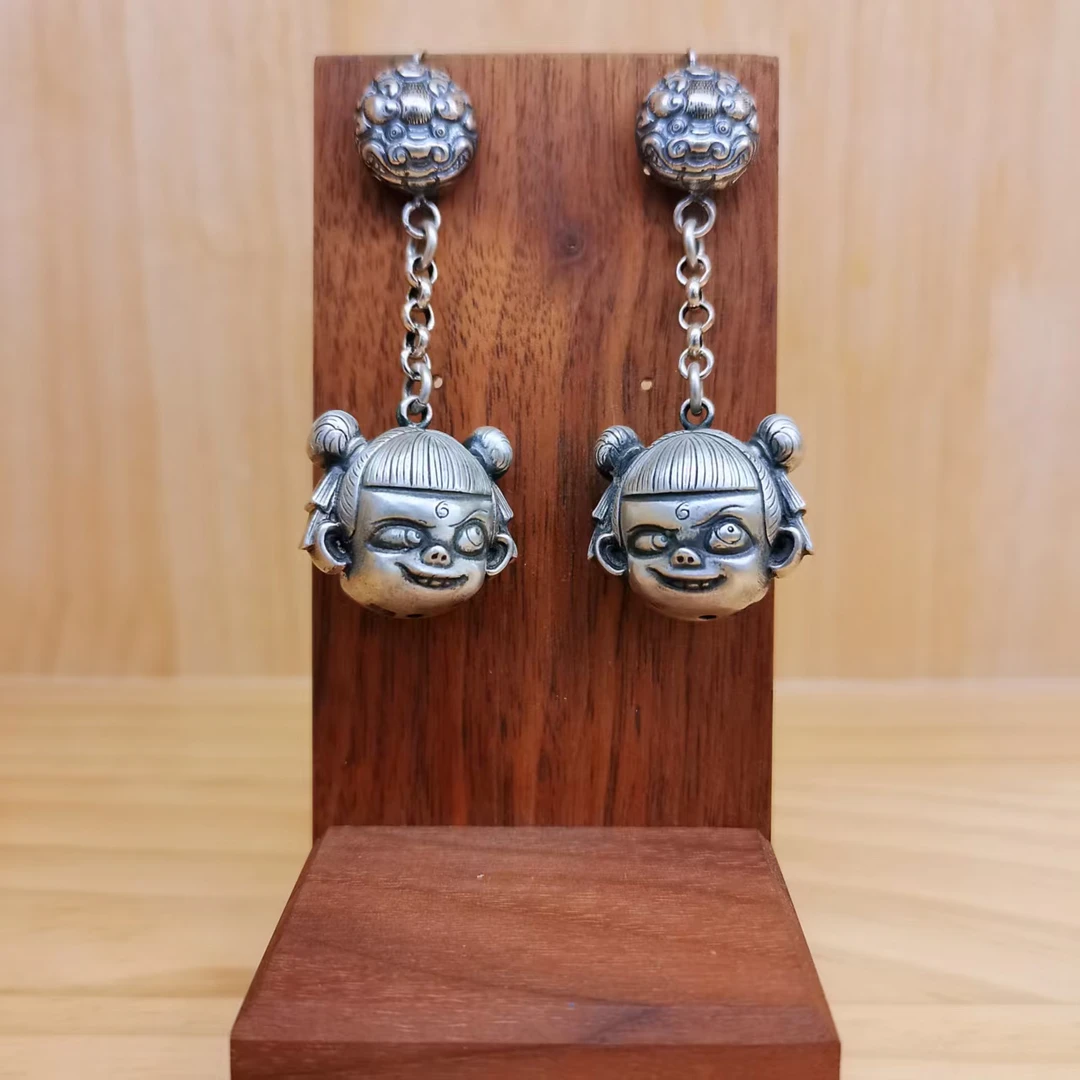 足银耳饰 足银哪吒耳环空心双面女复古做旧民族风小众饰品