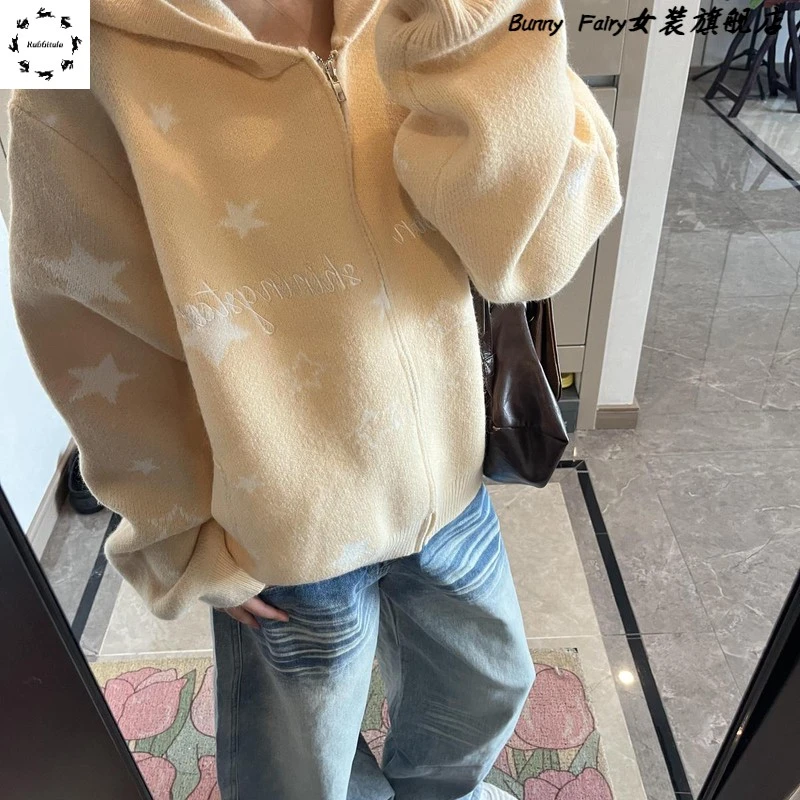 国潮牌字母黄色连帽长袖毛衣女针织连帽外套秋冬设计感原宿风上衣