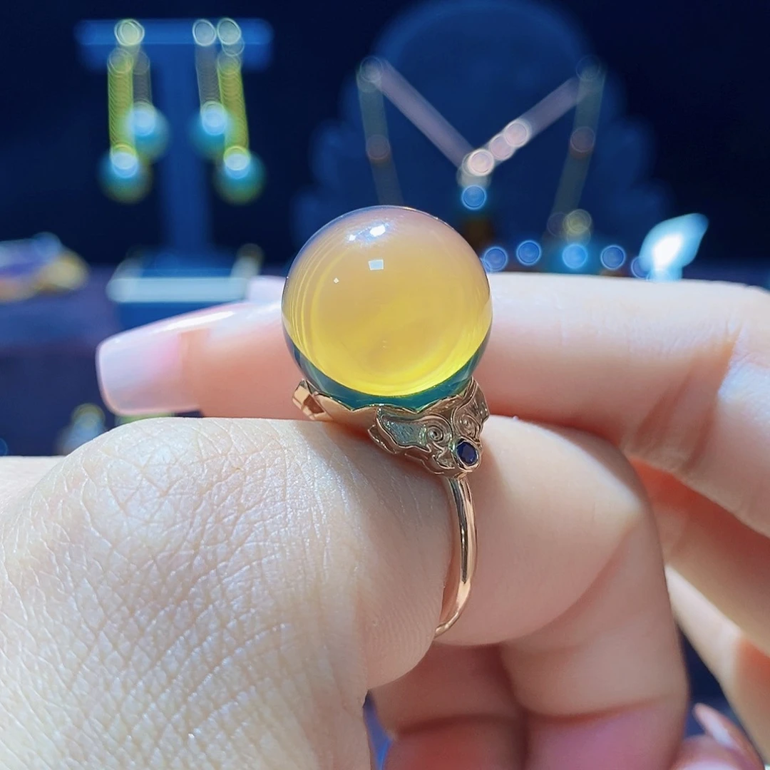 蓝珀戒指银S925镀金镶嵌尺寸16