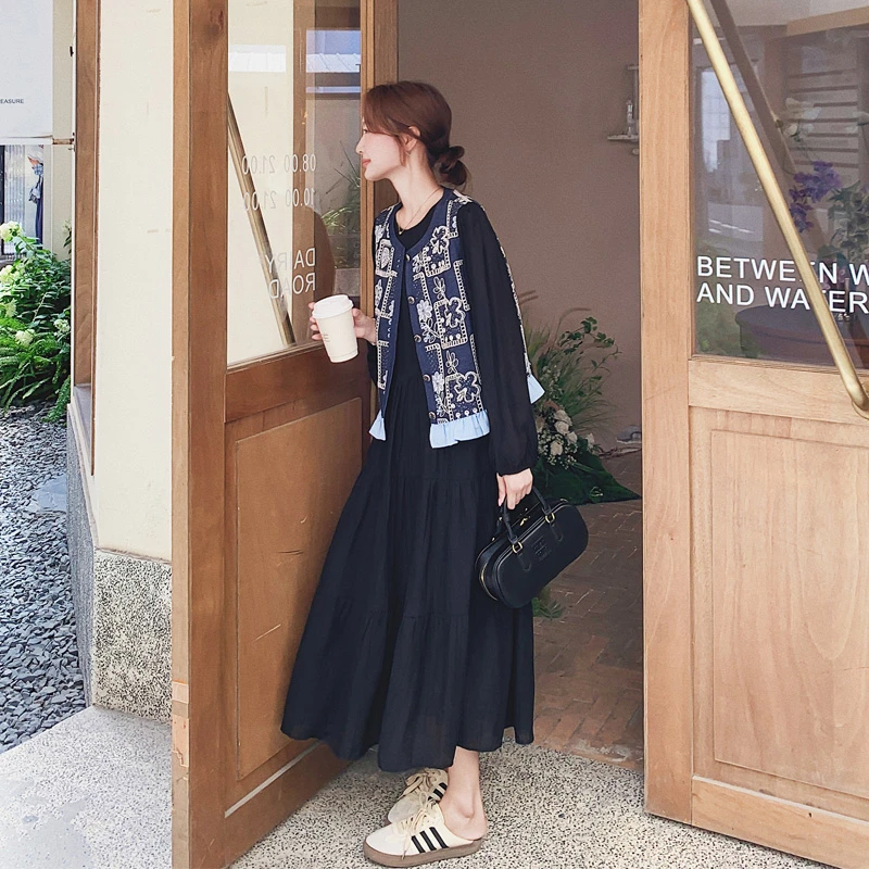 复古提花刺绣马甲连衣裙女2025春秋新款高级感气质法式显瘦套装裙