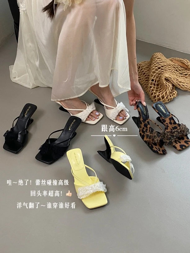 高跟中跟包头纯色一字拖尖头时尚修面皮一字型坡跟半拖洋气百搭